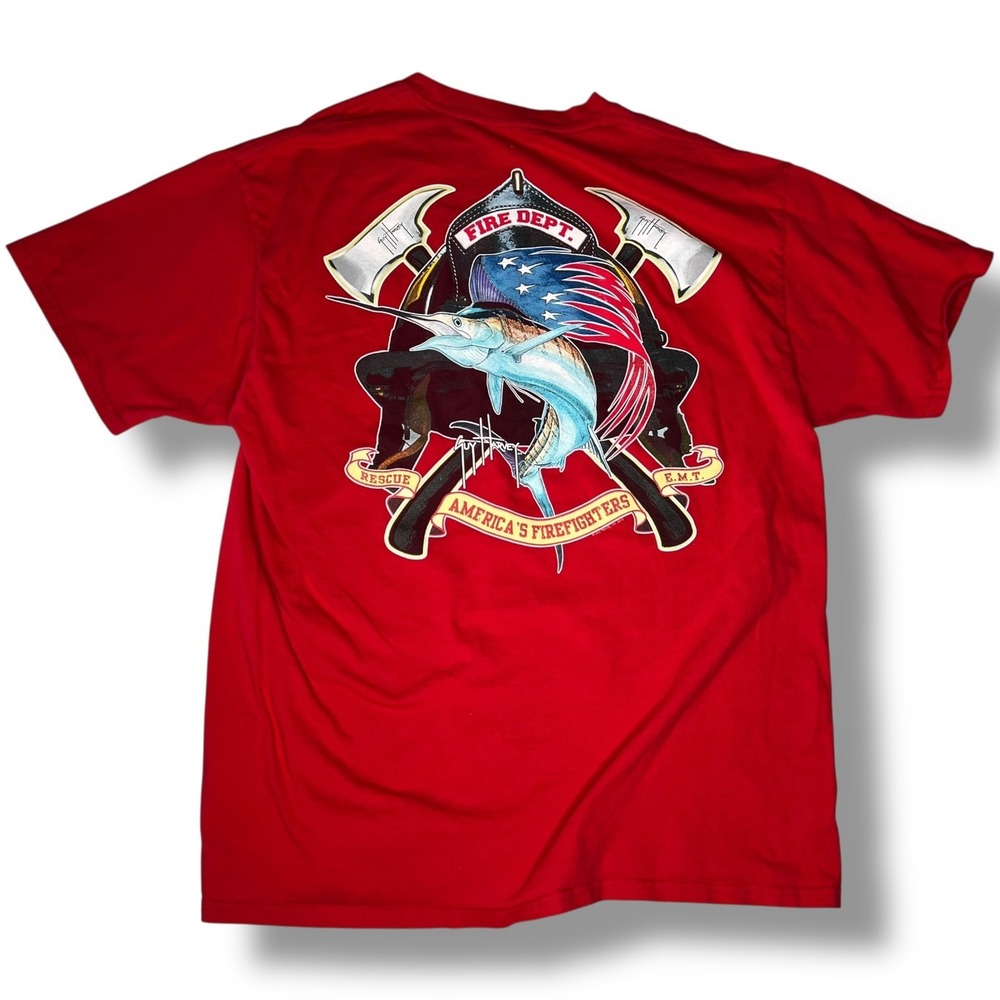Guy Harvey Mens Red Firefighter Marlin Graphic Pocket T-Shirt Size Large